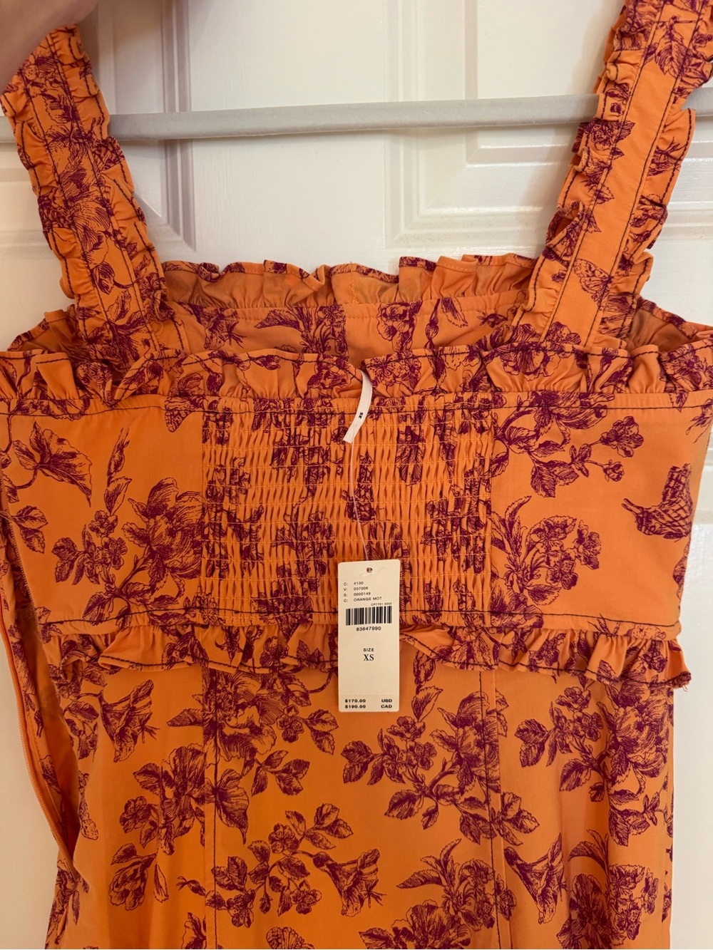 Anthropologie Orange Midi Dress with Purple Floral Print